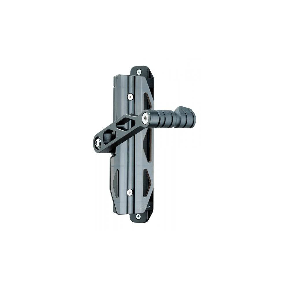 Topeak Swing-Up wall mount bike holder with rubber bar and rear wheel pad for secure bicycle storage in black