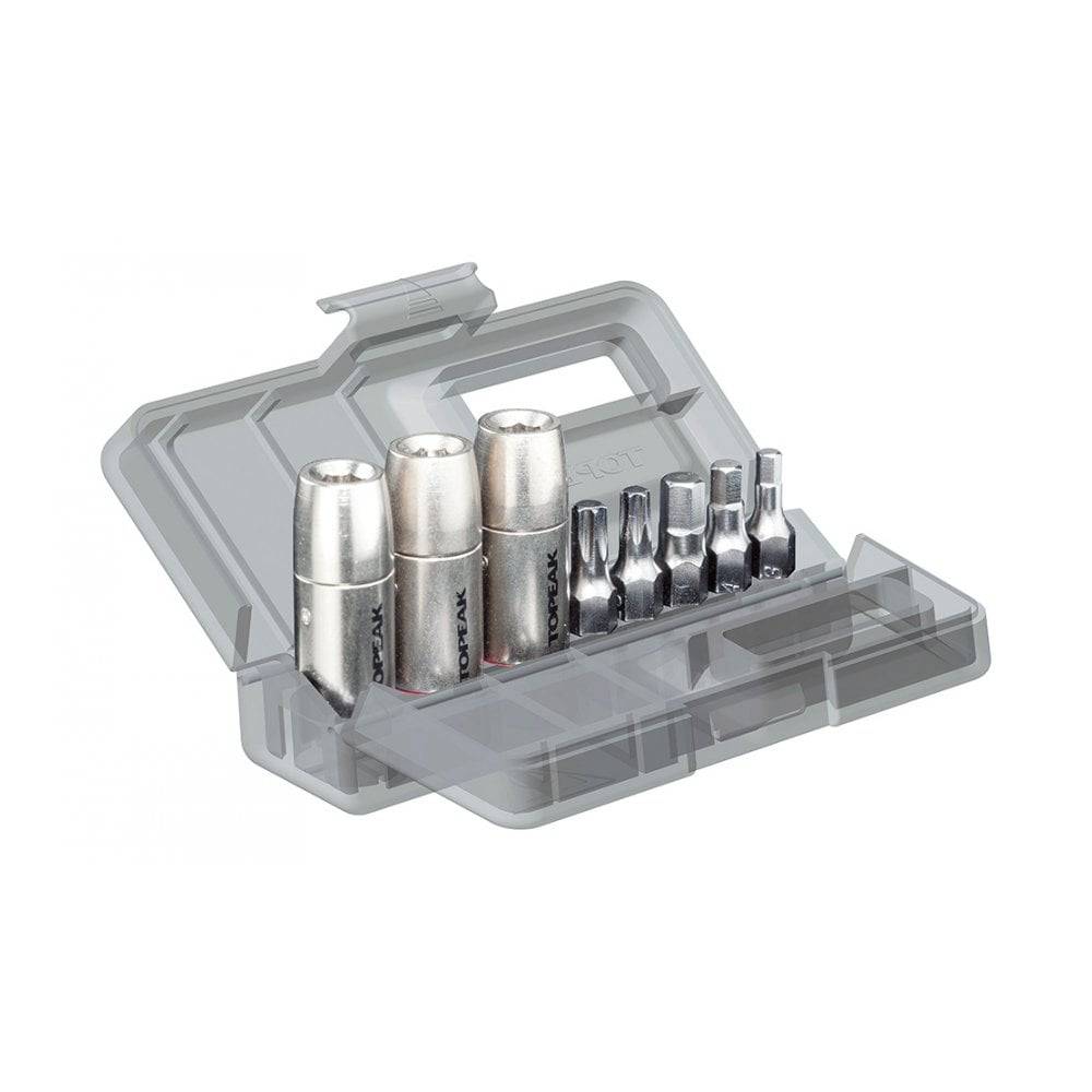 Topeak Nano TorqBox DX silver mini tool with torque wrench, 4-6Nm sockets, and bits for bike workshop use.