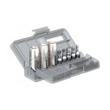 Topeak Nano TorqBox DX silver mini tool with torque wrench, 4-6Nm sockets, and bits for bike workshop use.