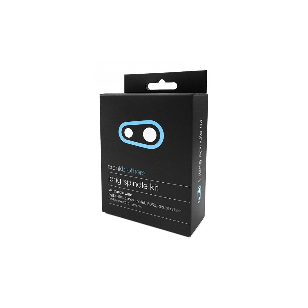 Crankbrothers long spindle and refresh kit for pedal Q-factor upgrade, silver and black bicycle component set.