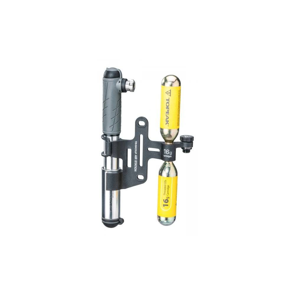 Topeak Tri-Backup Air Station bike pump and CO2 cartridge mount in black, with multiple attachments for cycling inflation tools.