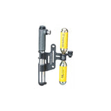 Topeak Tri-Backup Air Station bike pump and CO2 cartridge mount in black, with multiple attachments for cycling inflation tools.