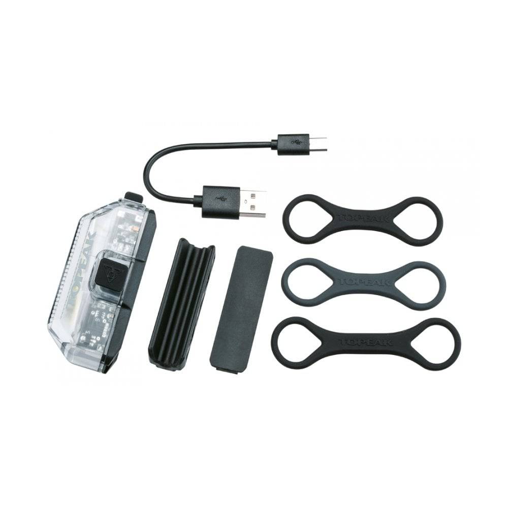 Topeak Whitelite Aero USB front bike light with 1W clear lens, 110 lumens, rechargeable bike accessories for visibility.
