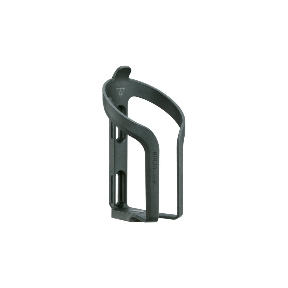 Topeak Ninja Cage black water bottle holder mounted on a cycling bike frame, accessory designed for secure hydration carrying.