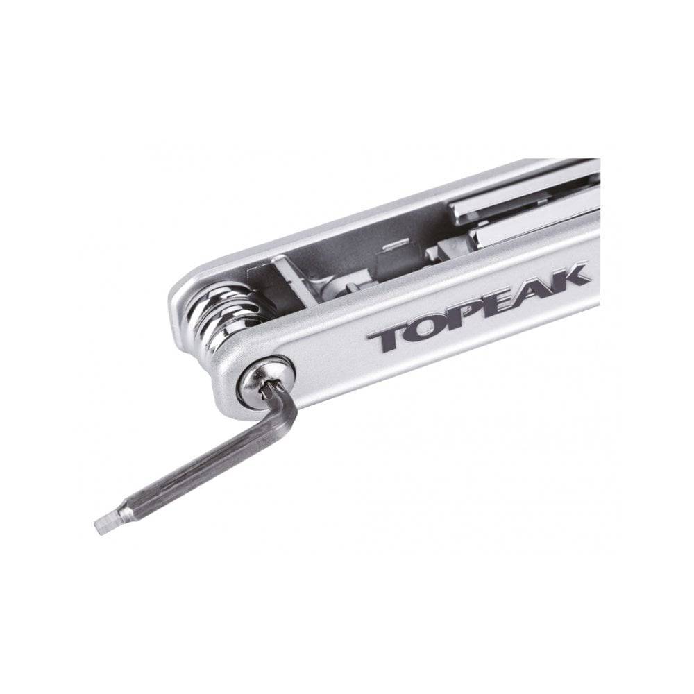 Topeak X-Tool+ 11-function compact folding bike multi-tool for cycling repairs, shown with various tools unfolded.