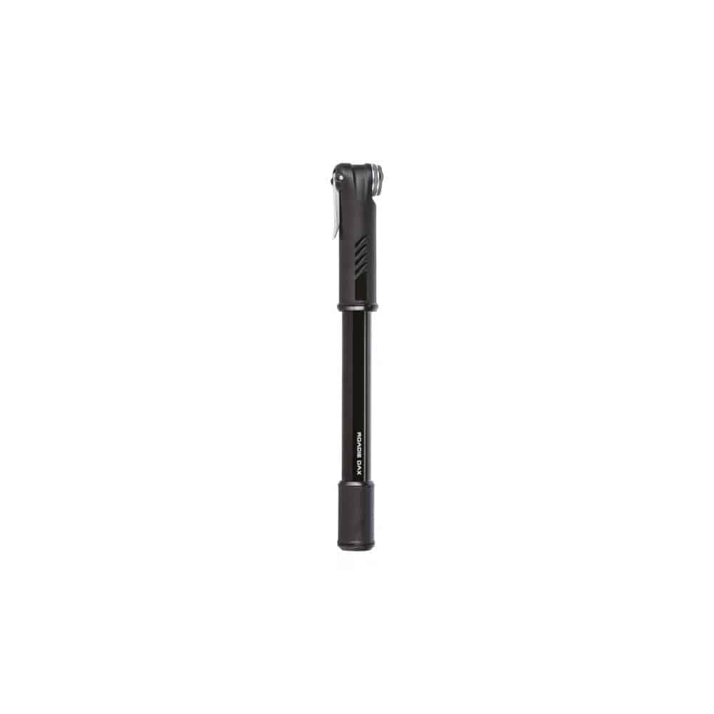 Topeak Roadie DAX black road bike pump with dual-action Presta valve for quick, easy tire inflation.