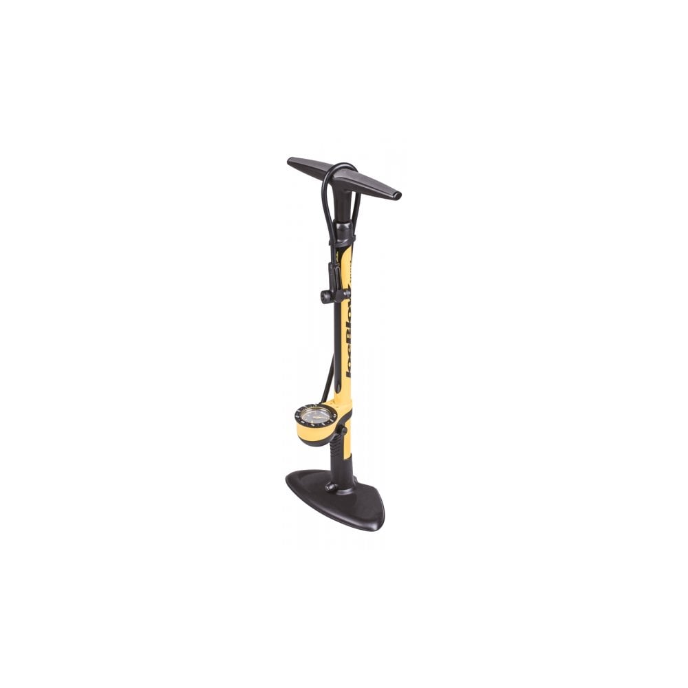 Topeak JoeBlow Sport III floor pump with TwinHead DX valve connector in black and yellow for bike tire inflation.