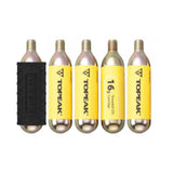 Topeak CO2 cartridges with silicone sleeves for hand pumps, used for fast tire inflation and cycling accessories.