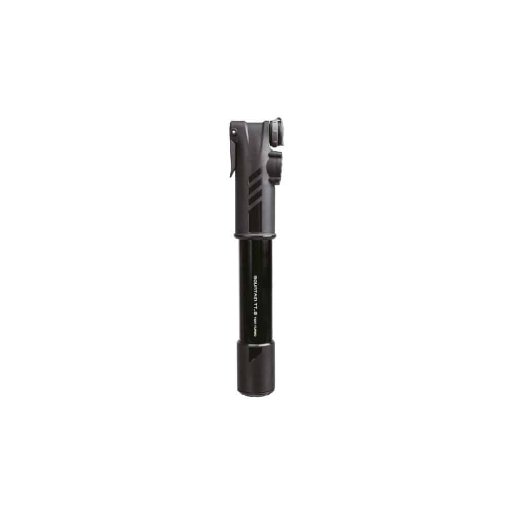 Topeak Mountain TT Twin Turbo hand pump with twin stroke technology for MTB tires, durable plastic body and ergonomic handle.