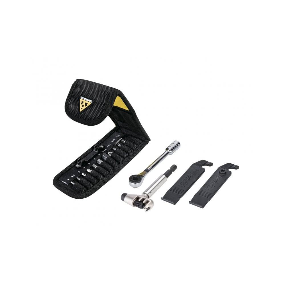 Black Topeak Ratchet Rocket Lite DX+ bike multi-tool with chain tool and tire levers, suitable for bike maintenance and repair.