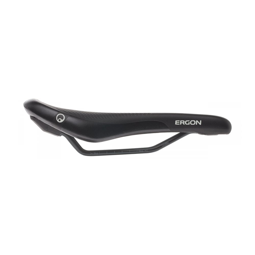 Ergon SM E-Mountain Sport Men saddle with ergonomic design and padded comfort for e-MTB bikes, shown on a bike seat.