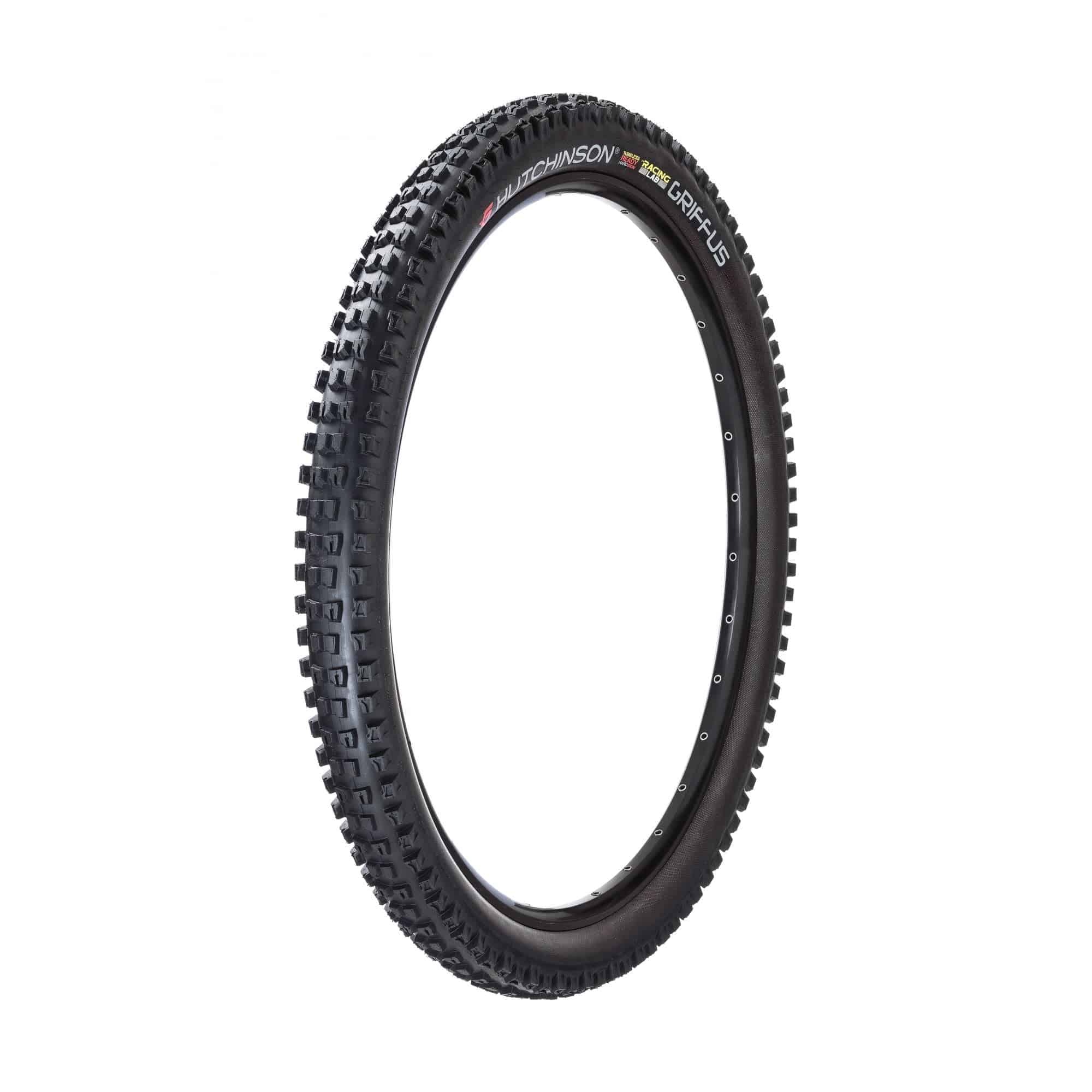 Hutchinson Griffus Racing Lab MTB tire showing high-traction tread pattern and tubeless-ready sidewall for mountain biking.