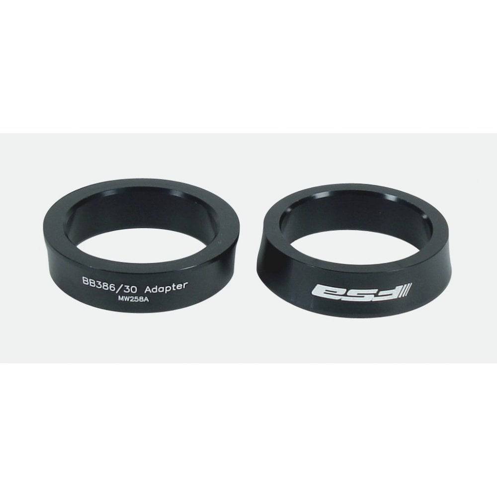 FSA MegaEvo BB30 spacers for BB386Evo cranksets, 68mm shell adapter, shown with metal components and precise threading.