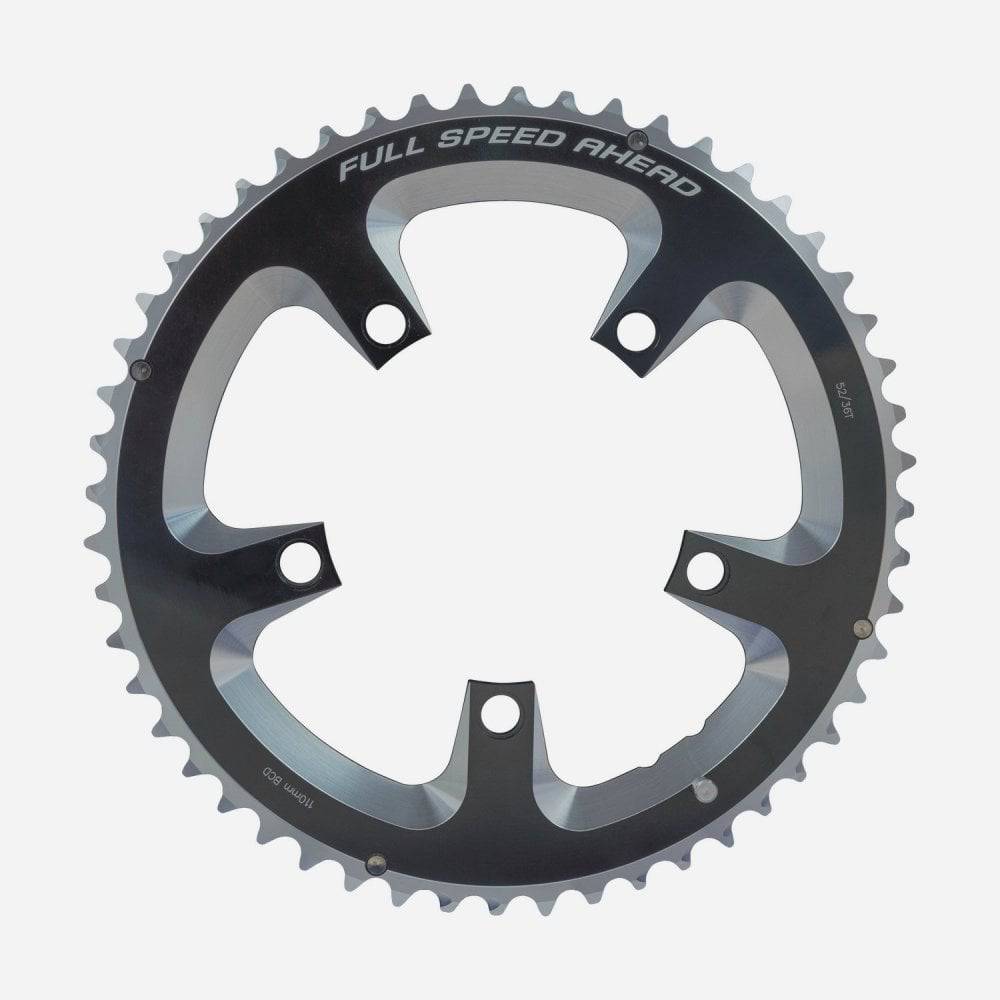 FSA Super Road 2x11 speed chainring, 52T black, 5-hole, compatible with Shimano and Campagnolo road bikes.