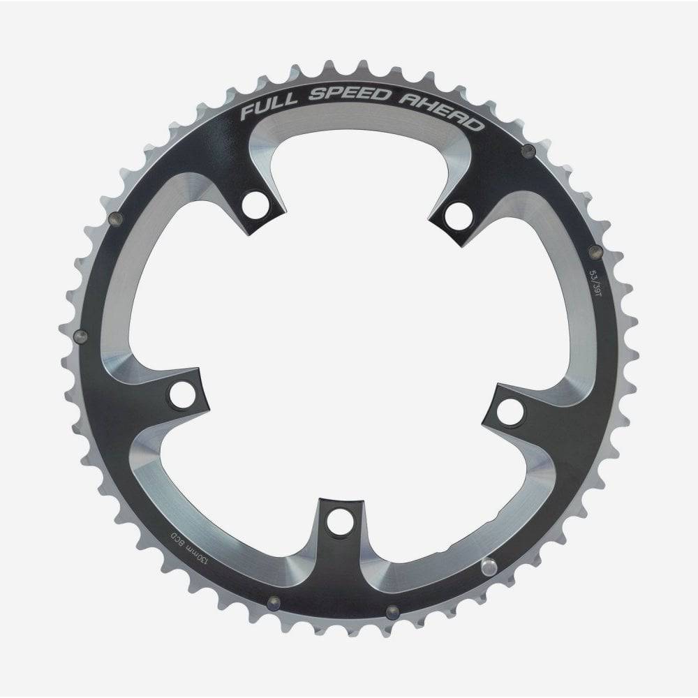 FSA Super Road chainring 53T black 2x11 speed bike component with 5 bolt 12mm pin, 130mm BCD for road cycling.