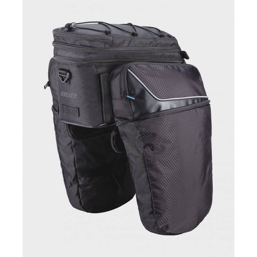 BBB BSB-133 TrunkPack carrier bag with expandable storage and reflective safety features, shown with multiple compartments and adjustable straps.