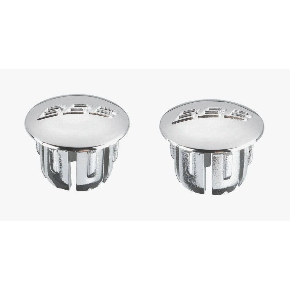 Pair of BBB BHT-90S silver handlebar tape end caps, secure fit bike plugs for bicycle handlebar tape accessories.