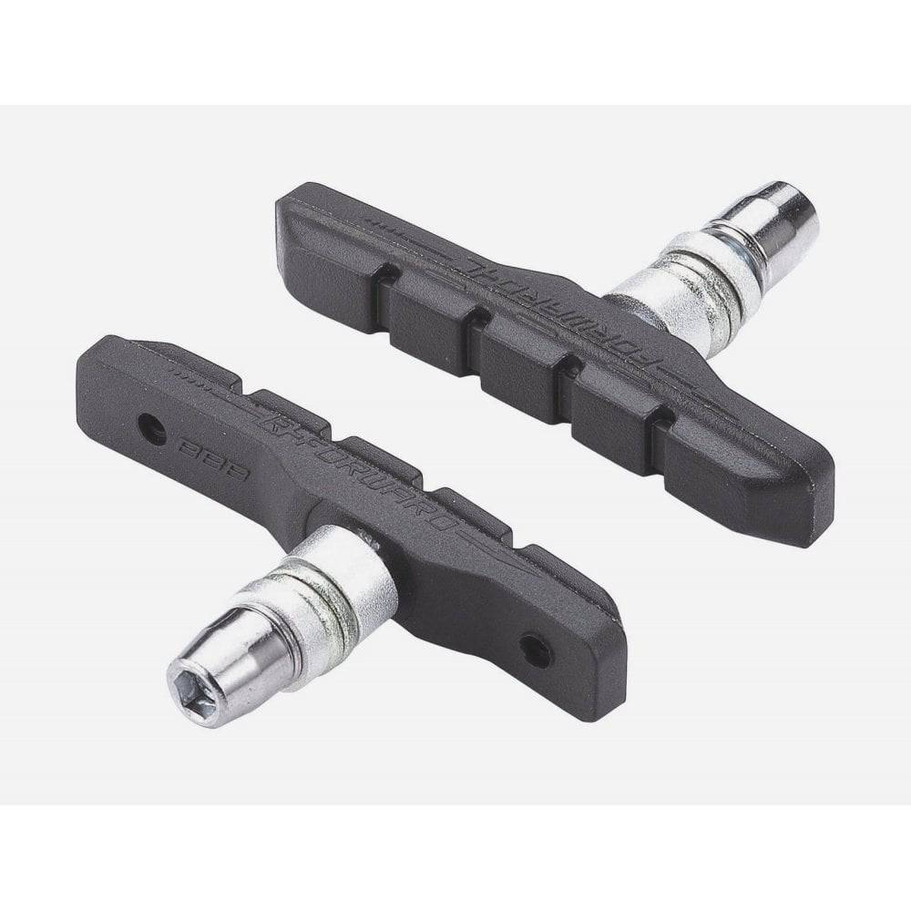 Pair of BBB Veestop V-Brake Pads for Shimano V-Brake systems, shown mounted on brake arms, durable and reliable bicycle brake components.