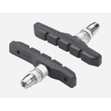 Pair of BBB Veestop V-Brake Pads for Shimano V-Brake systems, shown mounted on brake arms, durable and reliable bicycle brake components.