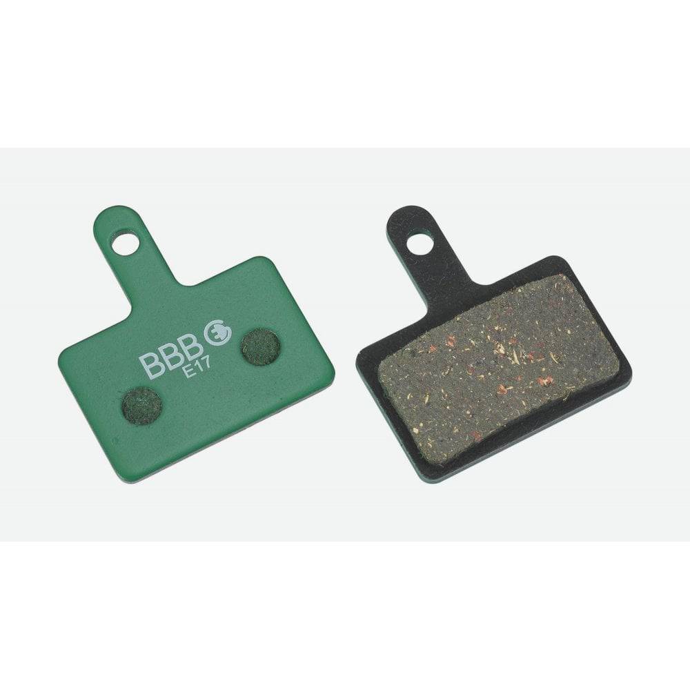BBB BBS-53E DiscStop Organic E-Bike Brake Pads for Shimano M525 and M575 brakes, shown in a close-up view of the brake pad set.