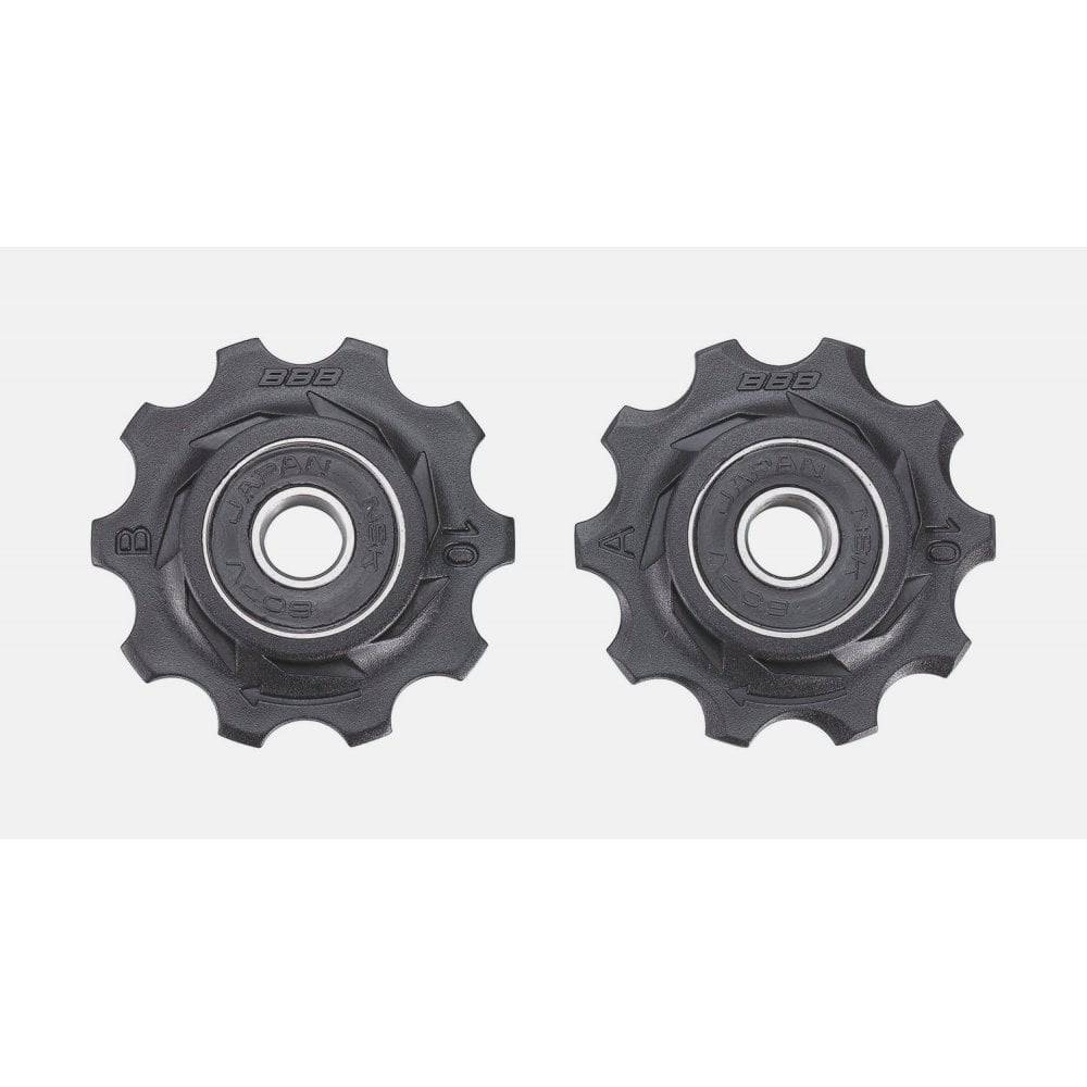 Black BBB BDP-01 RollerBoys 10T jockey wheels for Shimano, Campagnolo, and SRAM drivetrain components.