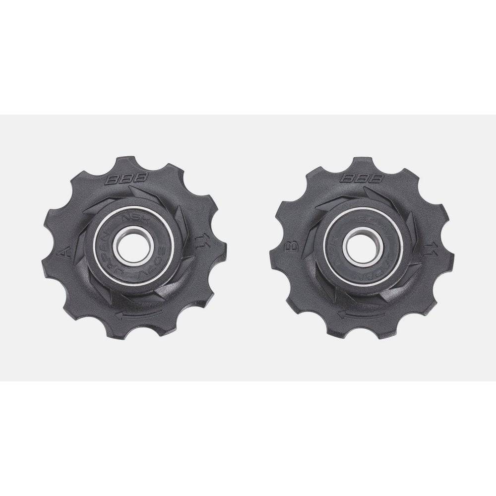 Black BBB BDP-02 RollerBoys 11T jockey wheels for Shimano and SRAM rear derailleurs, shown mounted on a bike derailleur.