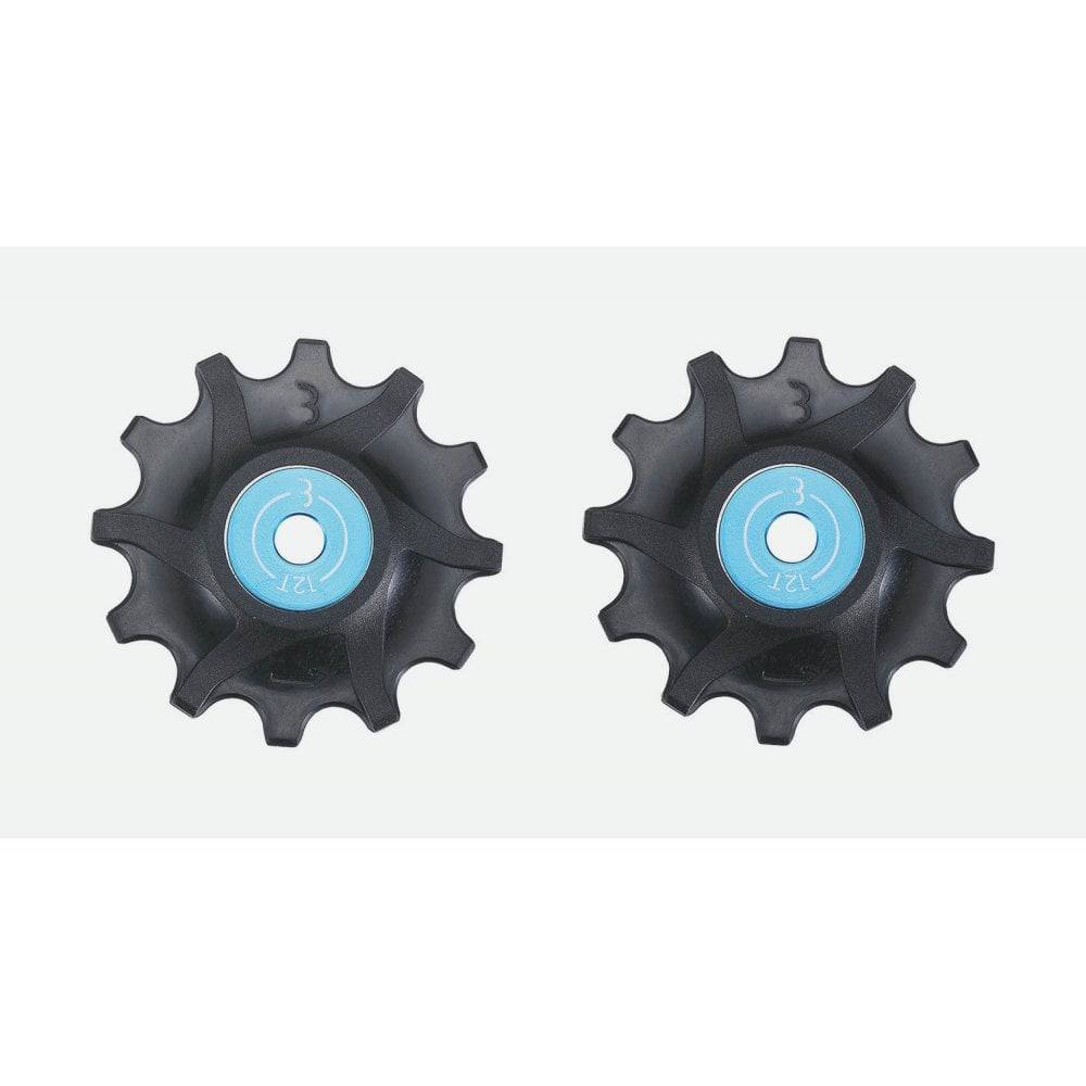 Black BBB BDP-06 RollerBoys SRAM 12T jockey wheels with ceramic bearings, showcasing precise component detail.