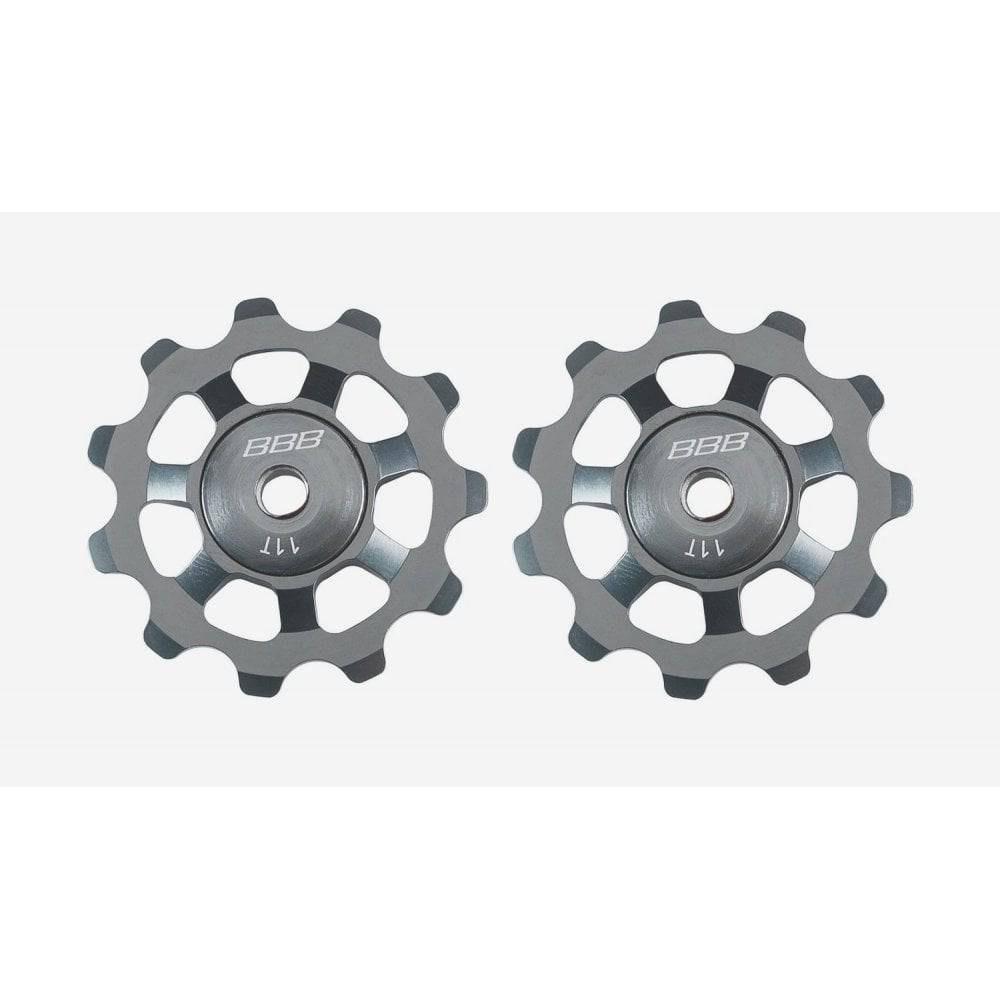 BBB BDP-21 AluBoys 11T grey jockey wheels for Shimano, SRAM, and Campagnolo bike components, featuring lightweight aluminum construction.