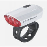 BBB BLS-47 Spark USB rechargeable rear bike light in white with silicone mount, designed for cycling safety and visibility.