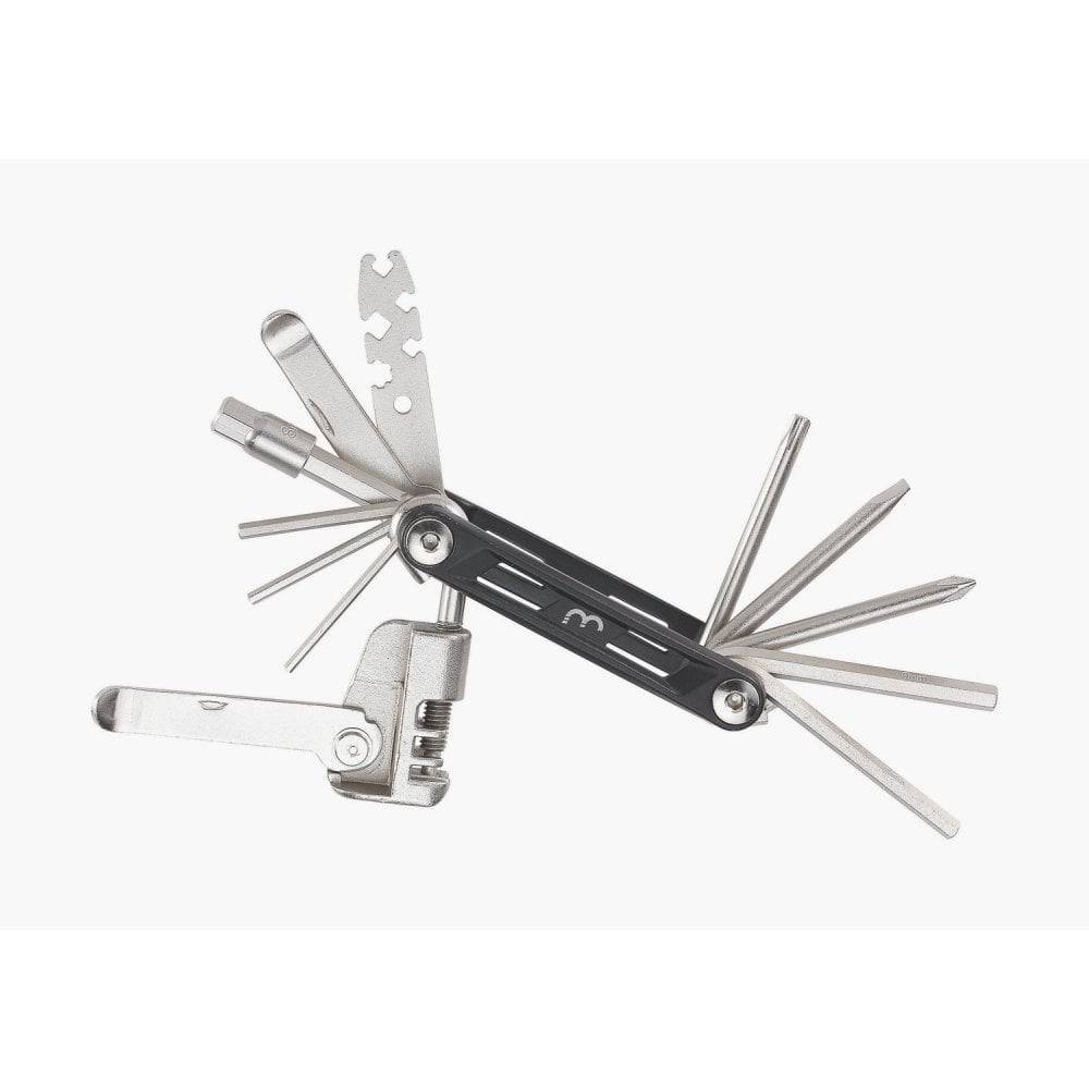 BBB BTL-141L Maxifold L Mini-Tool with 18 functions for bike repair, displayed with all tools extended on a workshop surface.