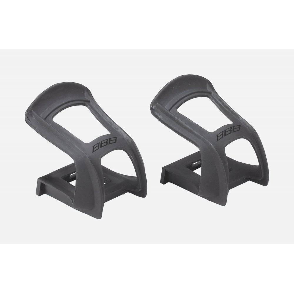 BBB BPD-95 NoseTight M strapless toe clips for BBB bike pedals, shown attached to pedal with sleek black design and secure fit.