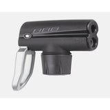 BBB BFP-93 DualHead 2.0 pump head for floor pumps with Presta and Schrader valve compatibility, shown attached to a bicycle pump.