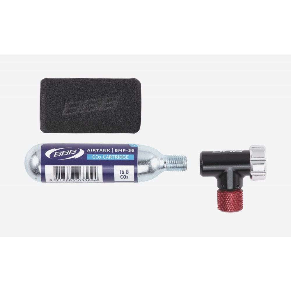 BBB BMP-34 CO2 EasyAir pump with 16g cartridge for inflating Presta and Schrader valves, bike cycling accessories.