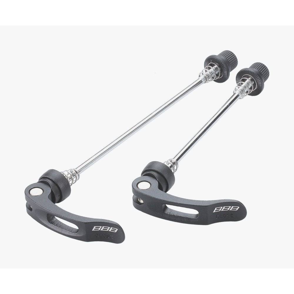 BBB BQR-01 WheelBlock quick release set in black for secure bike wheel attachment, showing components and locking mechanism.