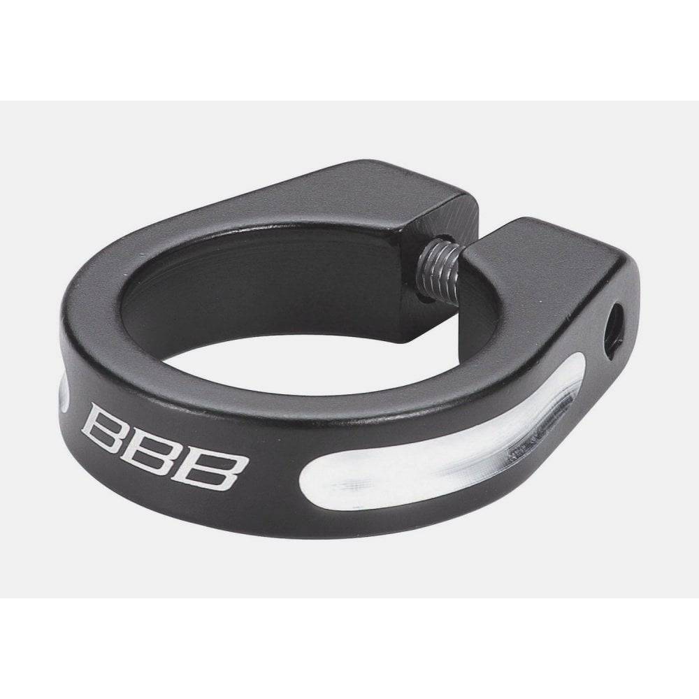 BBB Thestrangler BSP-80 aluminium seat clamp for 28.6-34.9mm seatposts, shown on a bicycle component with a sleek silver finish.
