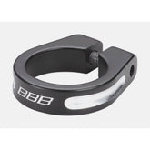 BBB Thestrangler BSP-80 aluminium seat clamp for 28.6-34.9mm seatposts, shown on a bicycle component with a sleek silver finish.