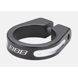 BBB Thestrangler BSP-80 aluminium seat clamp for 28.6-34.9mm seatposts, shown on a bicycle component with a sleek silver finish.