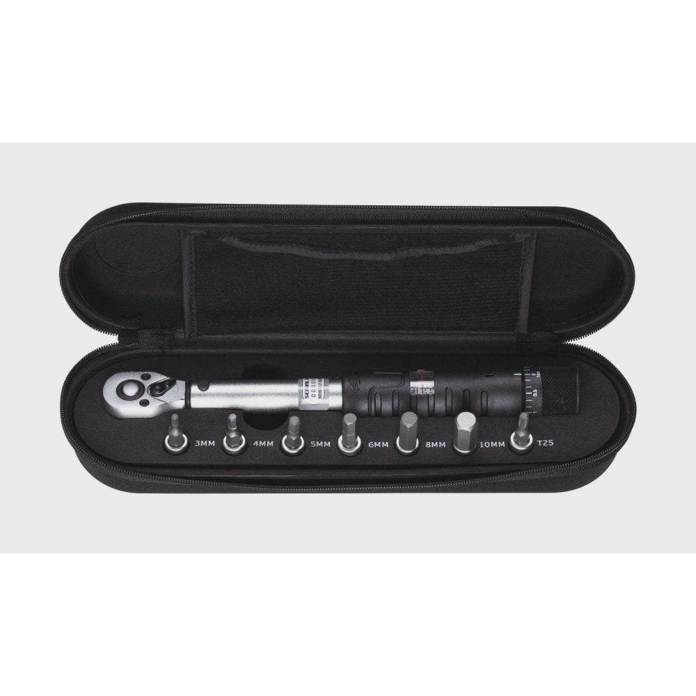 BBB BTL-73 TorqueFix 1/4 inch drive torque wrench with hex and Torx keys in a workshop case