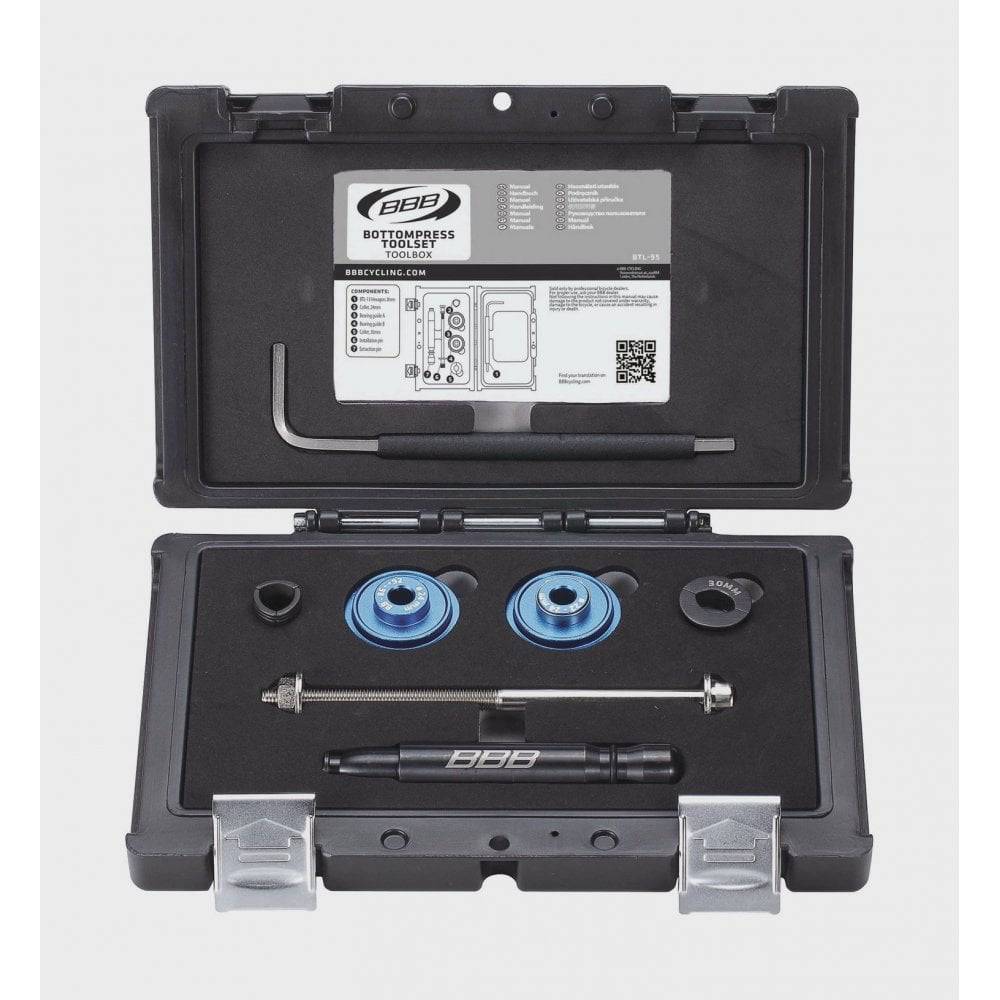 BBB BTL-95 Workshop BracketKit tool set with press-fit bottom bracket removal and installation tools, includes various wrench and adapter components.