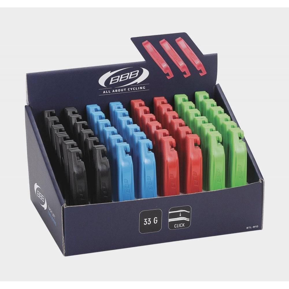 BBB BTL-81D EasyLift tire levers set of 3 with click-together design for bike tires, shown in a workshop setting.