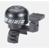 BBB EasyFit Deluxe Bike Bell with quick-release mount, showcasing the compact, shiny bell design on a bicycle handlebar.
