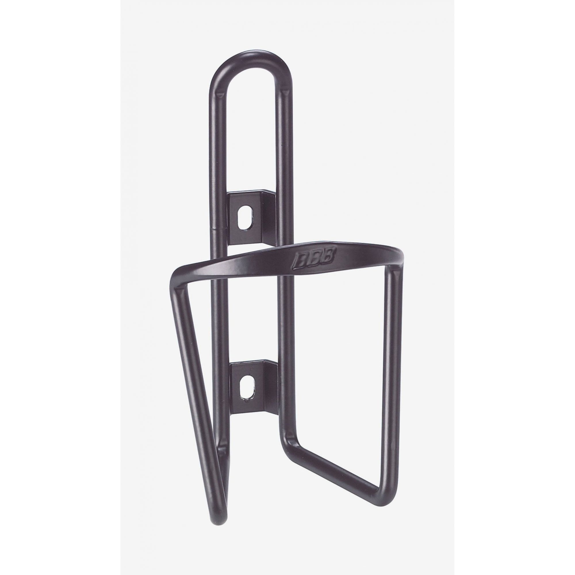 BBB EcoTank aluminium bike bottle cage in matte black and silver, designed for easy water bottle access and secure fit.