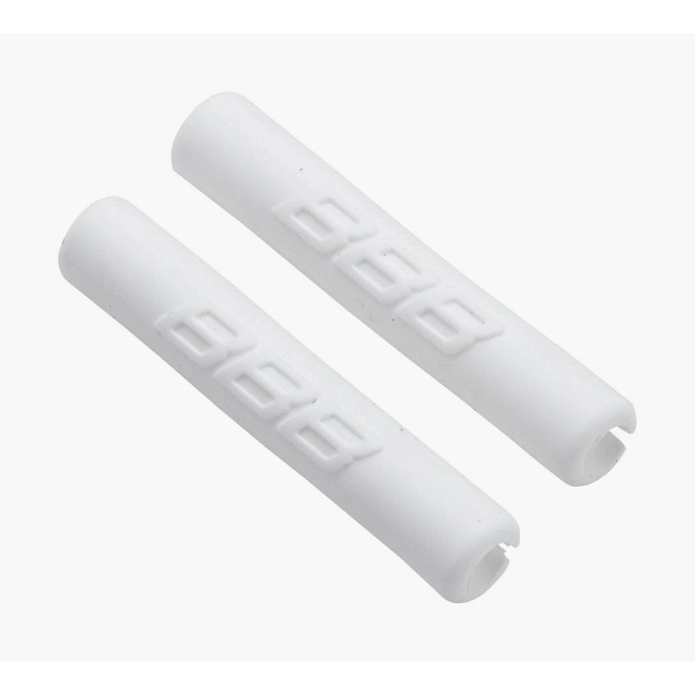 BBB Cablewrap frame protectors for 4mm derailleur cables in black and white, shown on bicycle frame components.
