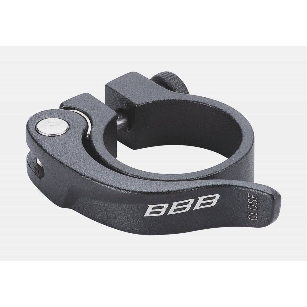 BBB Smoothlever Seat Clamp BSP-87 for aluminium seatposts, showing the black metal clamp with smooth lever for secure fitting.