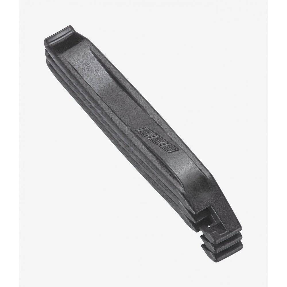 BBB BTL-81 EasyLift black tyre levers set of 3 with click-together design for easy portability, shown on a workshop background.