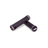 Black ODI BMX lock-on grips with 130mm length, snap cap end plugs, and clamps, designed for secure bike handlebar control.