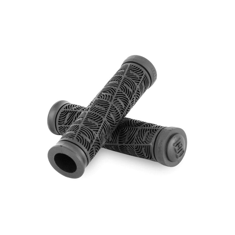 Black ODI "O" Grip slip-on mountain bike handlebar grips, 127mm long, designed for MTB components and comfortable handling.