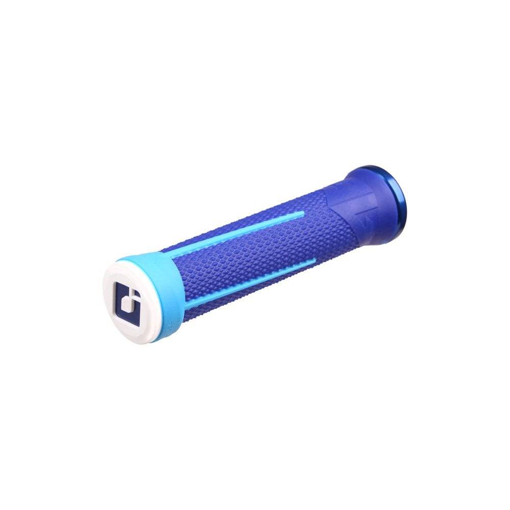 ODI AG Lock-On grips for downhill racing and mountain biking, featuring textured rubber and metal locking rings.