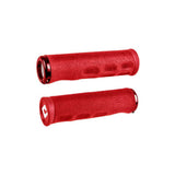 ODI Dread Lock MTB grips with vibration dampening and lock-on system, showing textured rubber surface and locking mechanism.