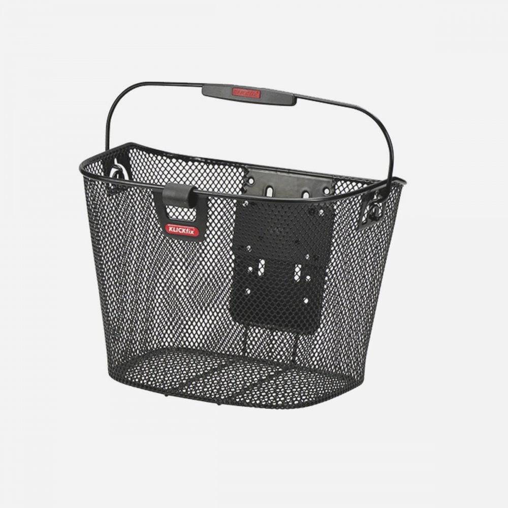 Black Rixen-Kaul KlLICKfix Unilux 16L bike basket with light holder, mounted on a bike for carrying essentials.